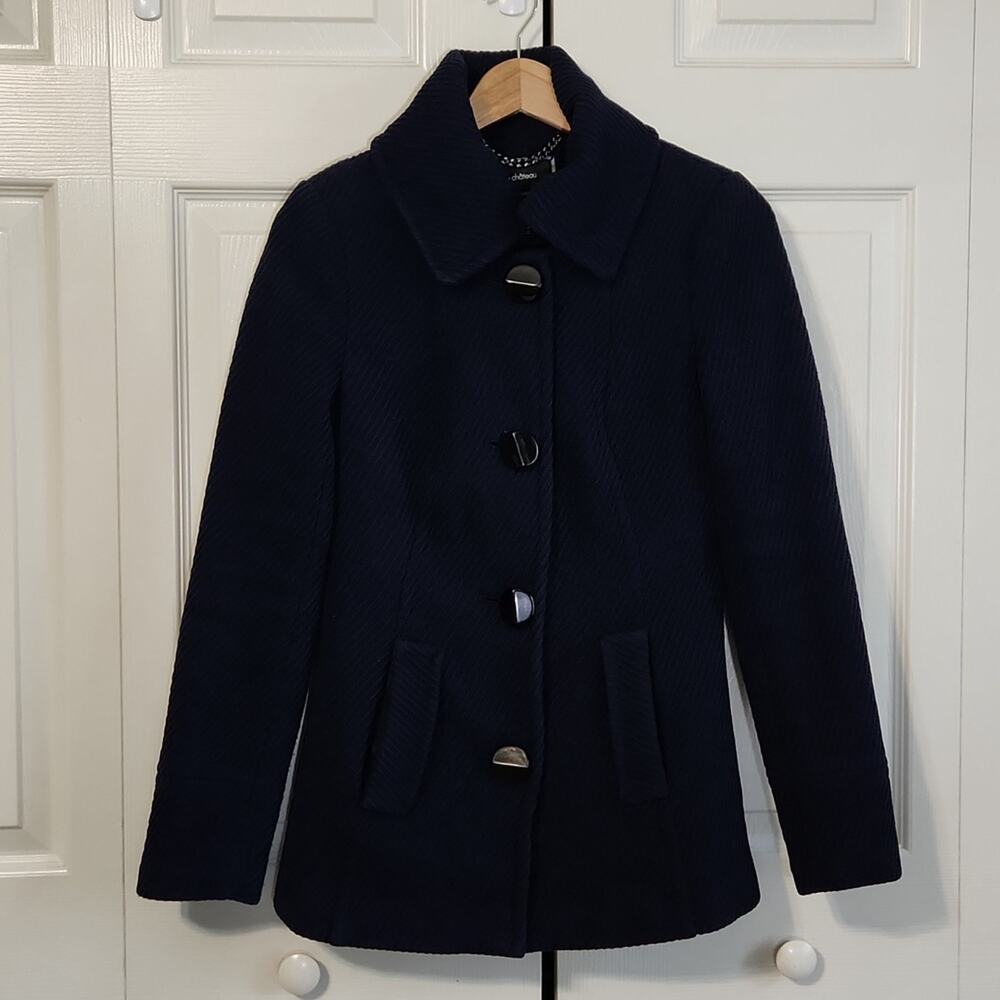 Le Chateau Women's Blue Ribbed Button Front Wool Blend Coat Size XS Lined Pocket